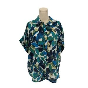 Time and Tru Women's XL Green Island Print Linen Blend Roll Cuff Shirt